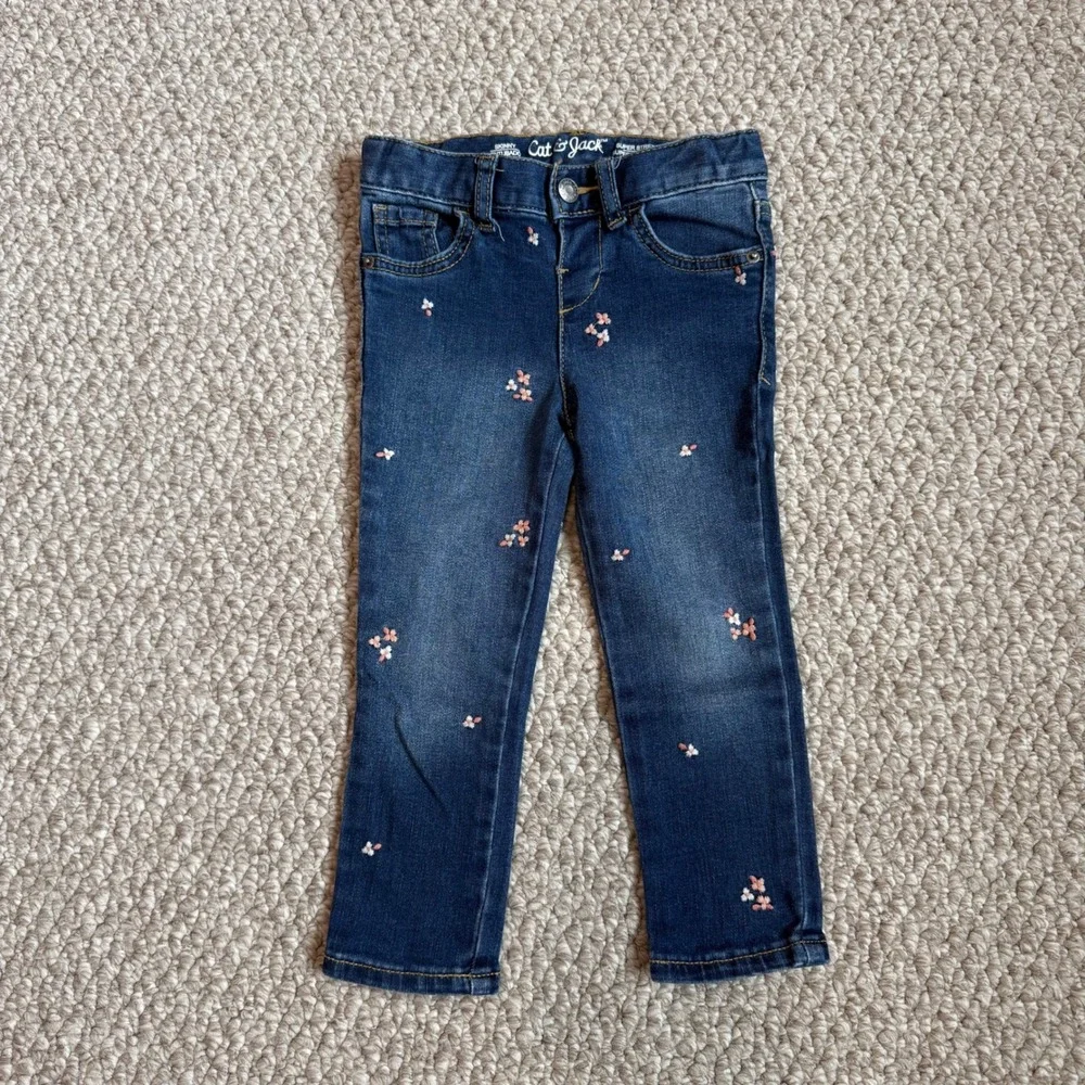 Cat & Jack Girls Skinny Jeans Size 3T Embroidered Flowers Super‎ Stretch Pants